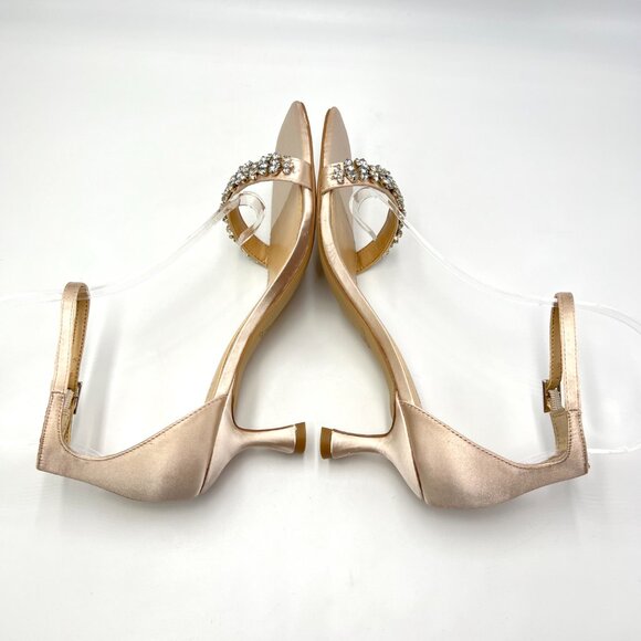 Jewel Badgley Mischka‎ Size 6.5 Champagne Satin Dress Sandals Kitten Heels Shoes - Picture 8 of 14